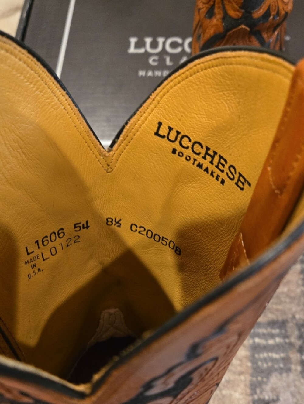 Lucchese Black And Brown Tooled Leather Cowboy Boots - Picture 4 of 9